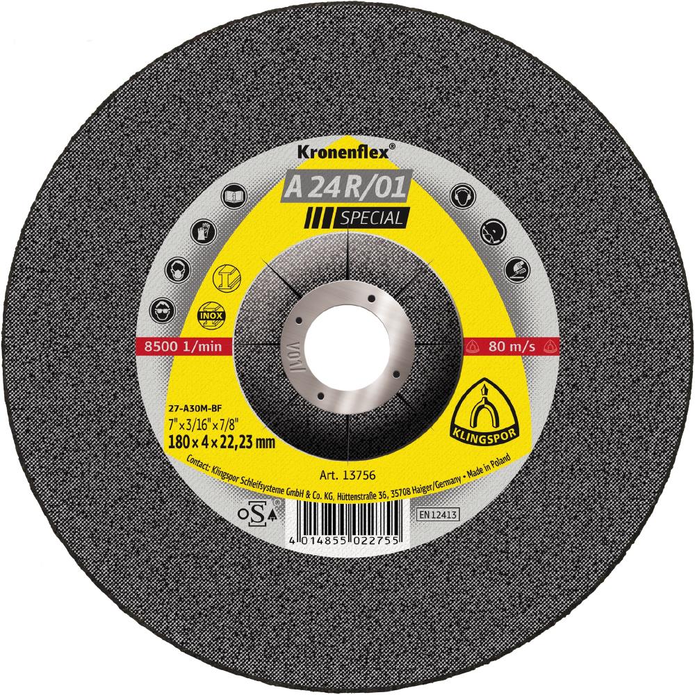 A 24 R 01 Kronenflex® grinding discs, 7 x 3/16 x 7/8 Inch depressed centre<span class=' ItemWarning' style='display:block;'>Item is usually in stock, but we&#39;ll be in touch if there&#39;s a problem<br /></span>
