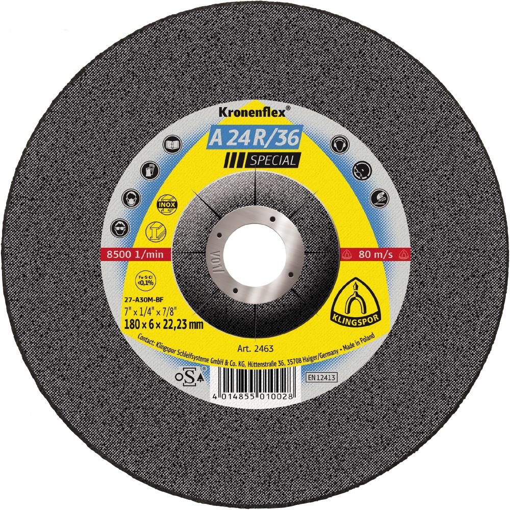 A 24 R 36 Kronenflex® grinding discs, 7 x 1/4 x 7/8 Inch depressed centre<span class=' ItemWarning' style='display:block;'>Item is usually in stock, but we&#39;ll be in touch if there&#39;s a problem<br /></span>