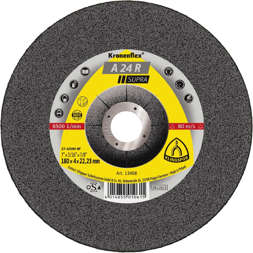 A 24 R Kronenflex® grinding discs, 5 x 1/4 x 7/8 Inch depressed centre<span class=' ItemWarning' style='display:block;'>Item is usually in stock, but we&#39;ll be in touch if there&#39;s a problem<br /></span>