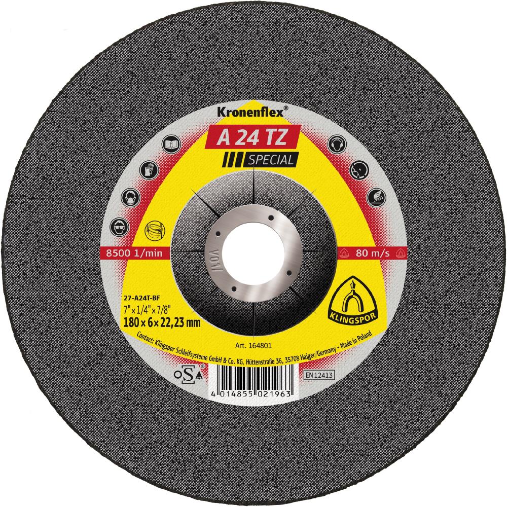 A 24 TZ Kronenflex® grinding discs, 9 x 1/4 x 7/8 Inch depressed centre<span class=' ItemWarning' style='display:block;'>Item is usually in stock, but we&#39;ll be in touch if there&#39;s a problem<br /></span>