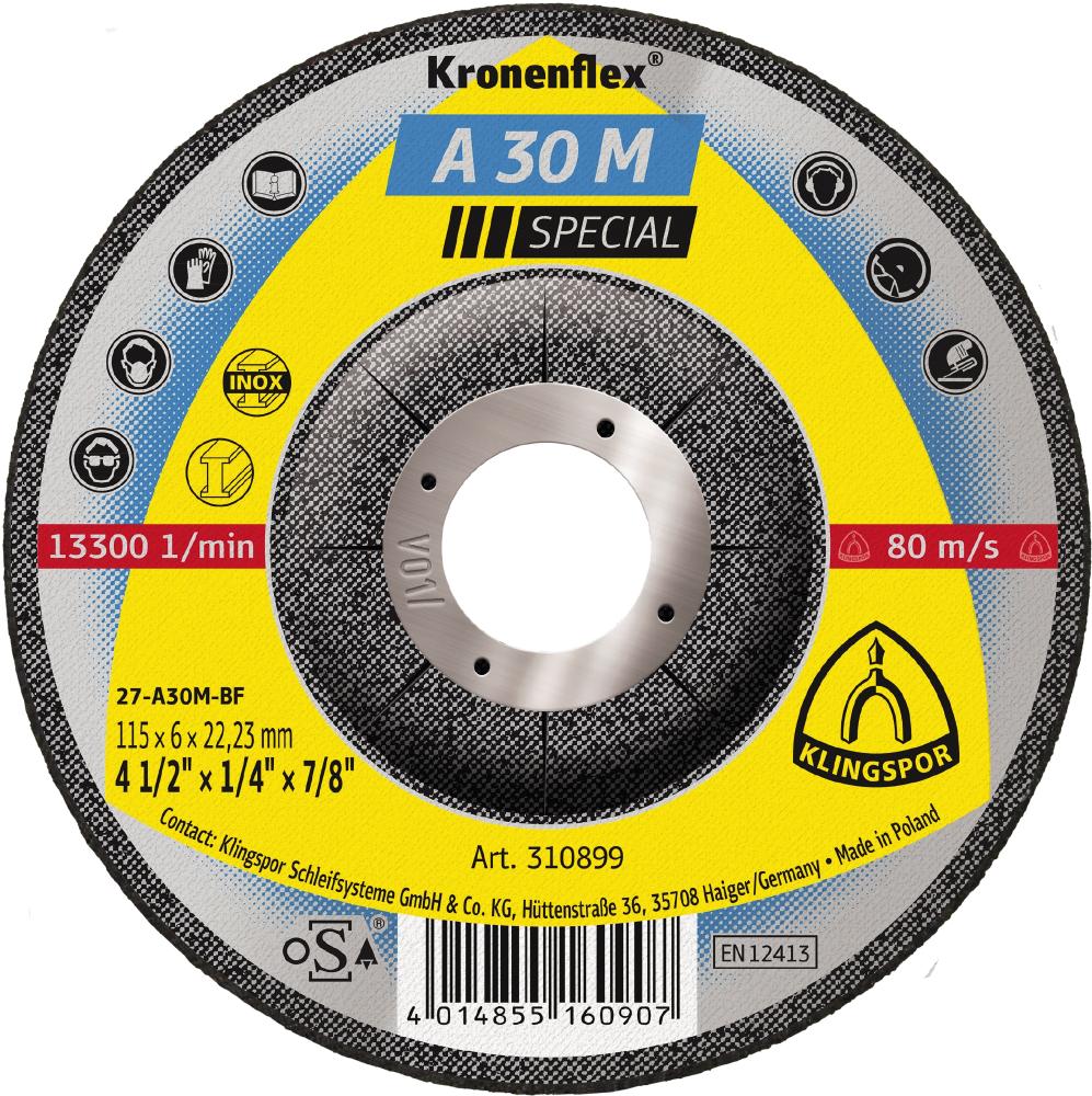 A 30 M Kronenflex® grinding discs, 4-1/2 x 1/4 x 7/8 Inch depressed centre<span class=' ItemWarning' style='display:block;'>Item is usually in stock, but we&#39;ll be in touch if there&#39;s a problem<br /></span>