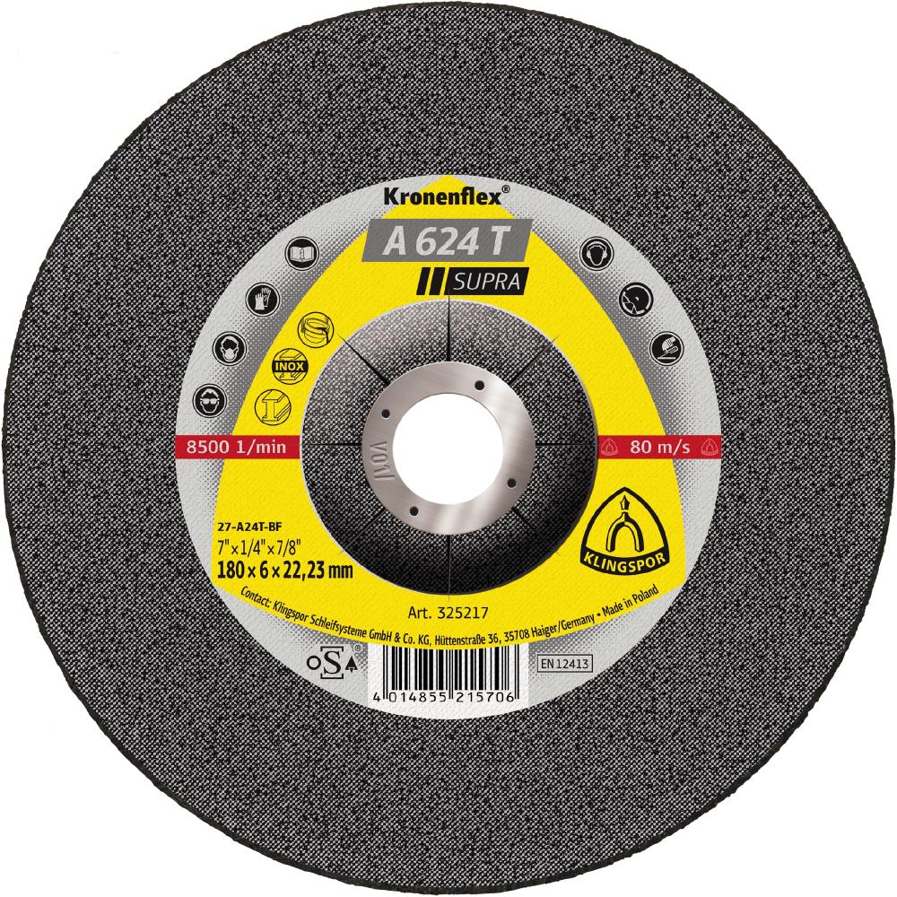 A 624 T Kronenflex® grinding discs, 5 x 1/4 x 7/8 Inch depressed centre<span class=' ItemWarning' style='display:block;'>Item is usually in stock, but we&#39;ll be in touch if there&#39;s a problem<br /></span>