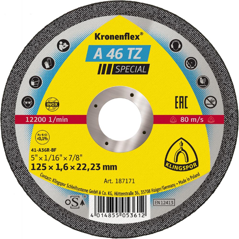 A 46 TZ Kronenflex® cutting-off wheels, 5 x 1/16 x 7/8 Inch flat<span class=' ItemWarning' style='display:block;'>Item is usually in stock, but we&#39;ll be in touch if there&#39;s a problem<br /></span>