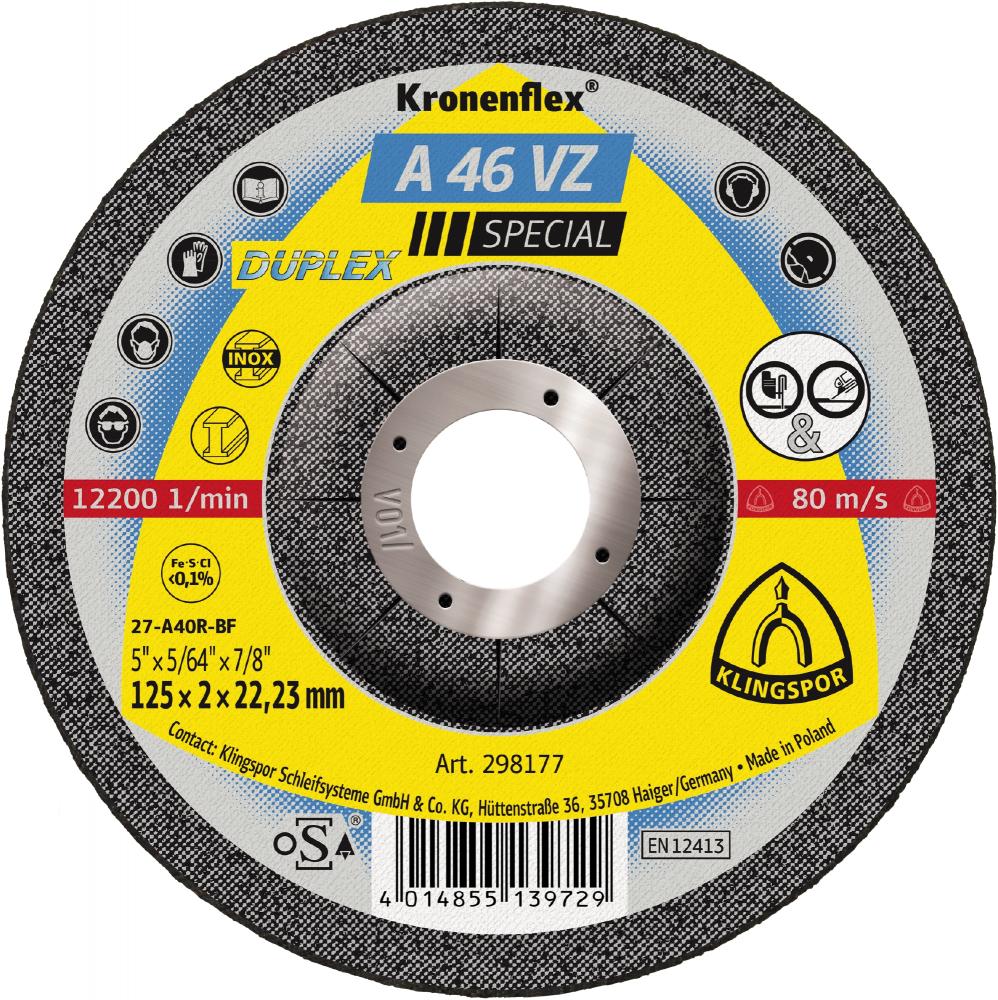 A 46 VZ Kronenflex® grinding discs, 5 x 5/64 x 7/8 Inch depressed centre<span class=' ItemWarning' style='display:block;'>Item is usually in stock, but we&#39;ll be in touch if there&#39;s a problem<br /></span>