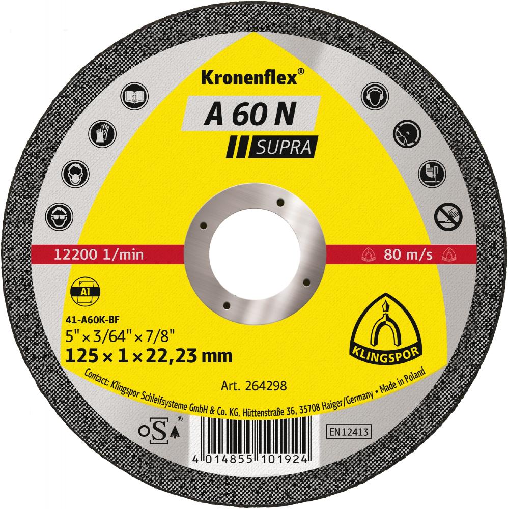 A 60 N Kronenflex® cutting-off wheels, 5 x 3/64 x 7/8 Inch flat<span class=' ItemWarning' style='display:block;'>Item is usually in stock, but we&#39;ll be in touch if there&#39;s a problem<br /></span>