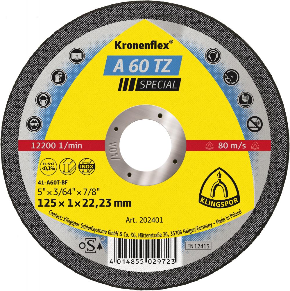 A 60 TZ Kronenflex® cutting-off wheels, 5 x 3/64 x 7/8 Inch depressed centre<span class=' ItemWarning' style='display:block;'>Item is usually in stock, but we&#39;ll be in touch if there&#39;s a problem<br /></span>