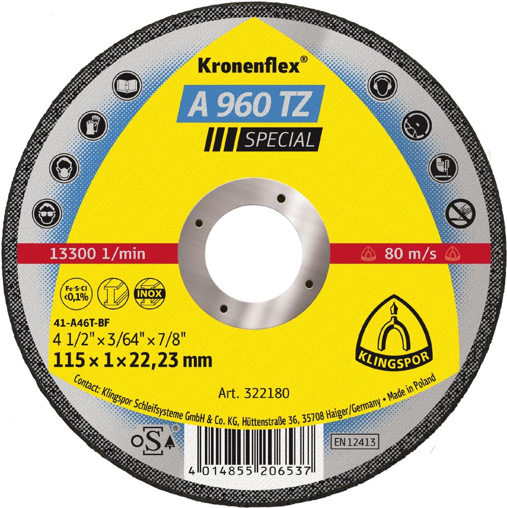 A 960 TZ Kronenflex® cutting-off wheels, 4-1/2 x 3/64 x 7/8 Inch flat<span class=' ItemWarning' style='display:block;'>Item is usually in stock, but we&#39;ll be in touch if there&#39;s a problem<br /></span>