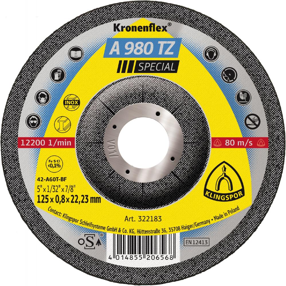 A 980 TZ cutting-off wheels, 5 x 1/32 x 7/8 Inch depressed centre<span class=' ItemWarning' style='display:block;'>Item is usually in stock, but we&#39;ll be in touch if there&#39;s a problem<br /></span>