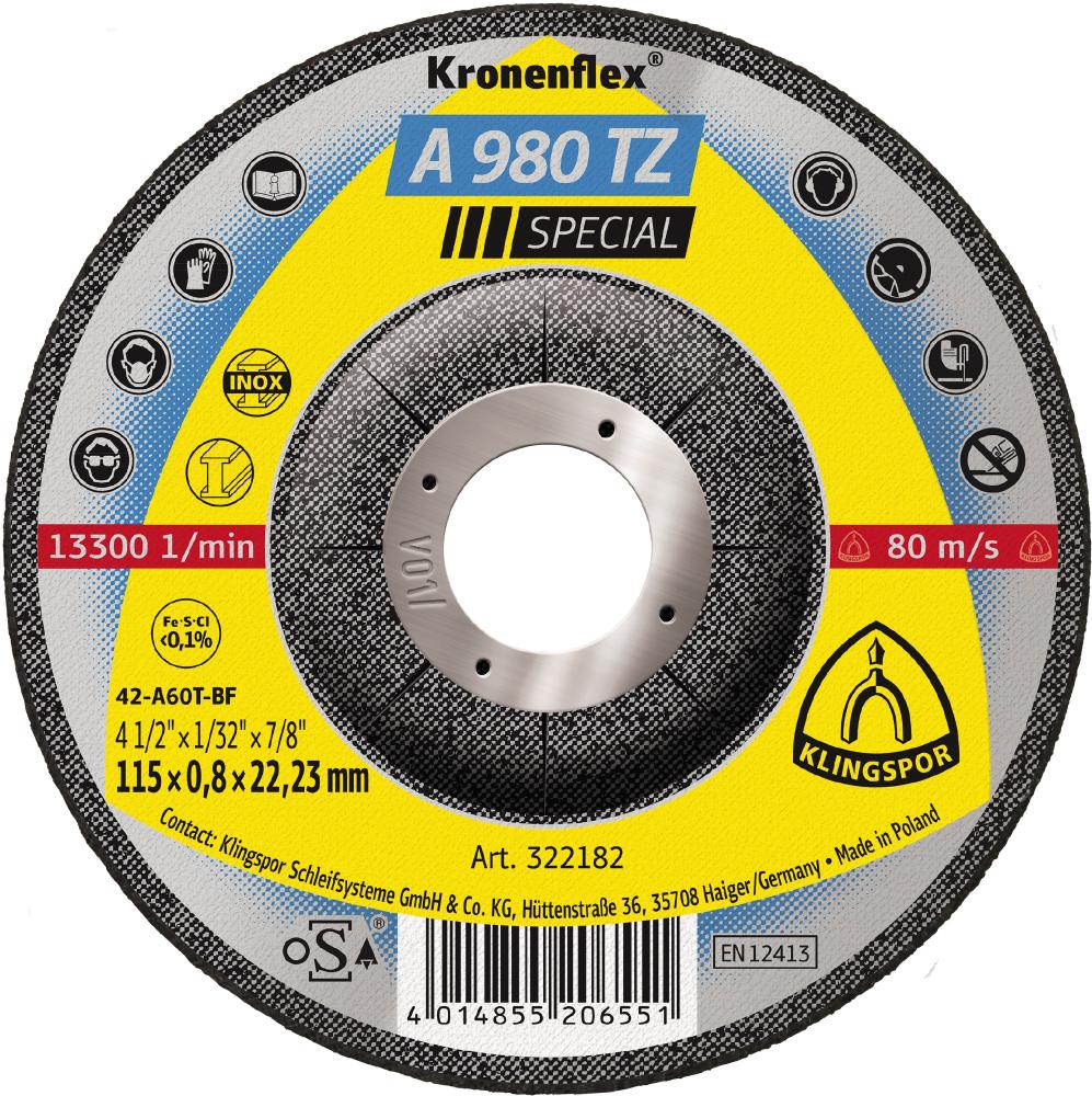 A 980 TZ Kronenflex® cutting-off wheels, 4-1/2 x 1/32 x 7/8 Inch depressed centre<span class=' ItemWarning' style='display:block;'>Item is usually in stock, but we&#39;ll be in touch if there&#39;s a problem<br /></span>