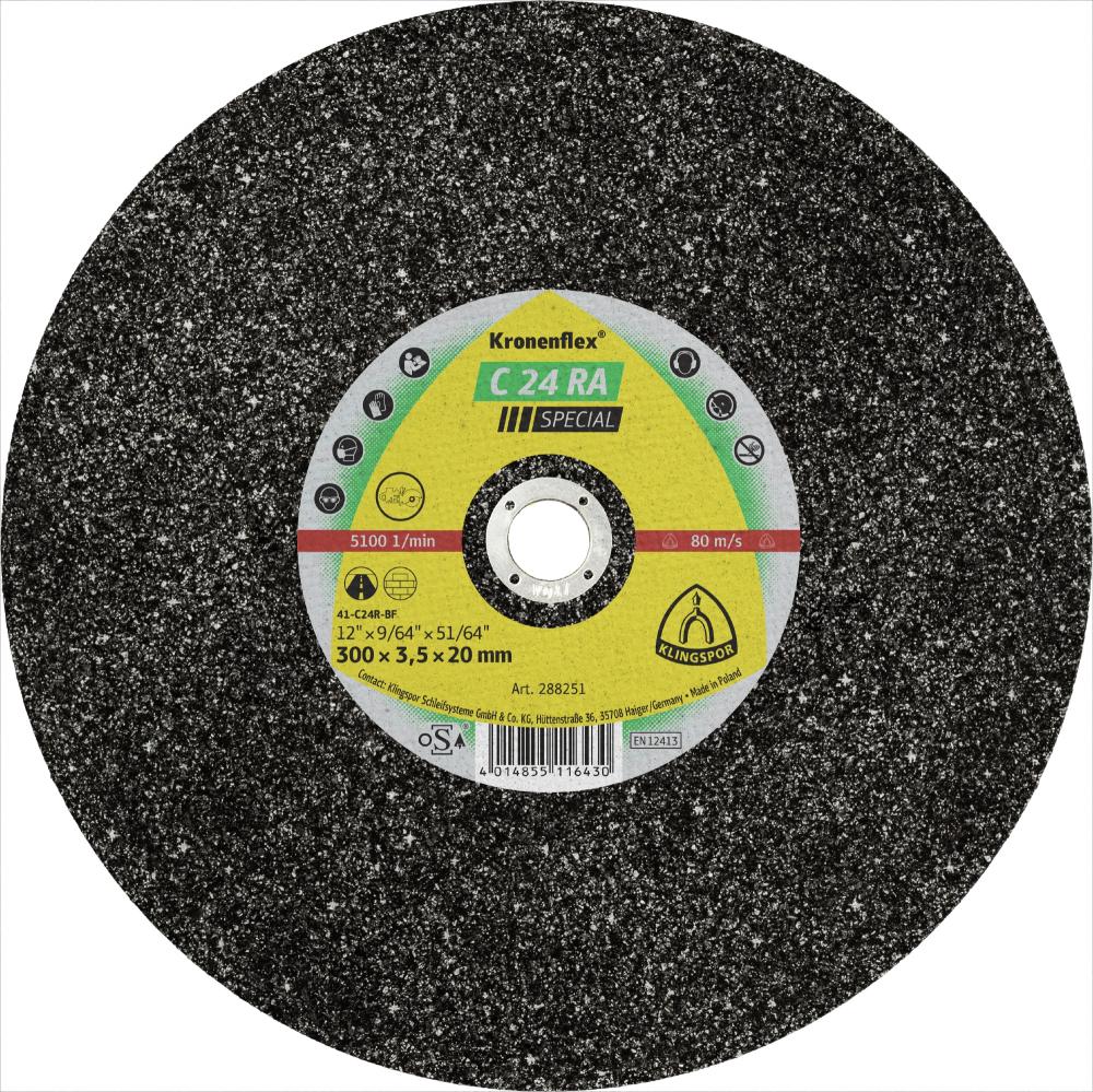 C 24 RA large Kronenflex® cutting-off wheels, 14 x 5/32 x 51/64 Inch flat<span class='Notice ItemWarning' style='display:block;'>Item has been discontinued<br /></span>