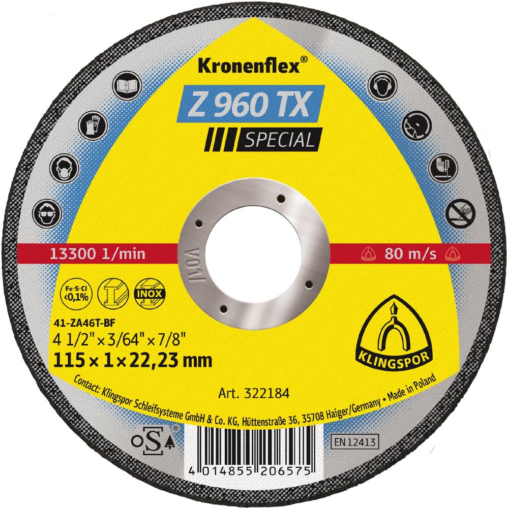 Z 960 TX Kronenflex® cutting-off wheels, zirconia 4-1/2 x 3/64 x 7/8 Inch flat<span class=' ItemWarning' style='display:block;'>Item is usually in stock, but we&#39;ll be in touch if there&#39;s a problem<br /></span>