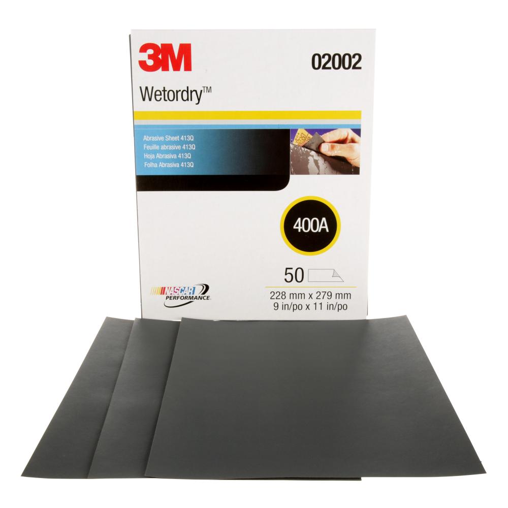 3M™ Wetordry™ Tri-M-ite™ Sheet, 413Q, 02002, 400, A-weight, 9 in x 11 in (22.86 cm x 27.94)<span class=' ItemWarning' style='display:block;'>Item is usually in stock, but we&#39;ll be in touch if there&#39;s a problem<br /></span>