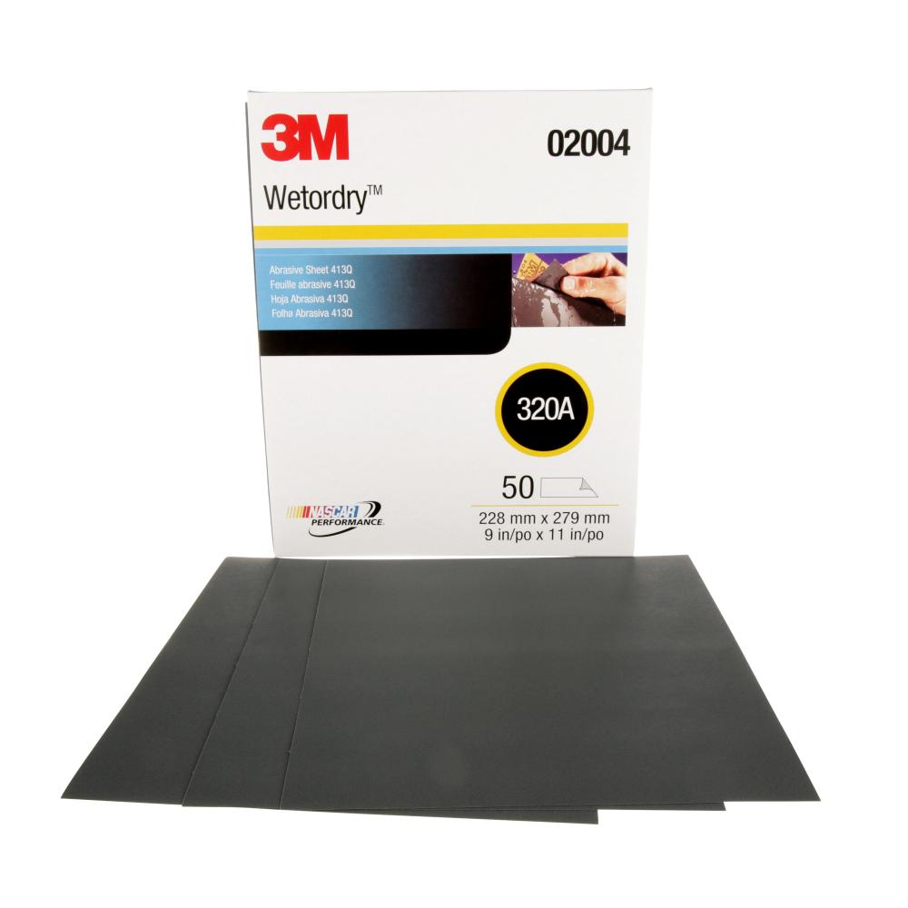3M™ Wetordry™ Abrasive Sheet, 413Q, 02004, 9 in x 11 in (22.86 cm x 27.94), 320, A-weight<span class=' ItemWarning' style='display:block;'>Item is usually in stock, but we&#39;ll be in touch if there&#39;s a problem<br /></span>