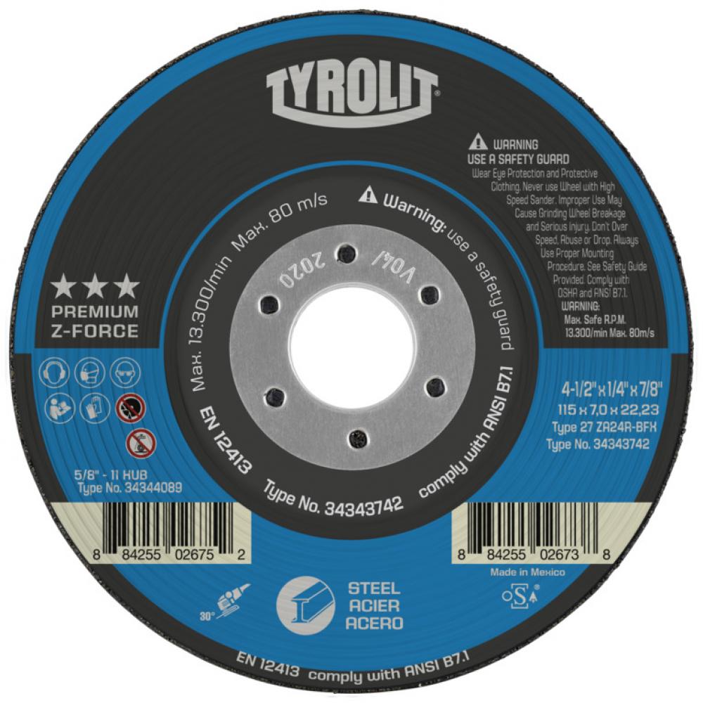 Premium - Z-Force Grinding Wheel 4-1/2&#34;x1/4&#34;x7/8&#34; Type 27 ZA24R Z-FORCE<span class=' ItemWarning' style='display:block;'>Item is usually in stock, but we&#39;ll be in touch if there&#39;s a problem<br /></span>