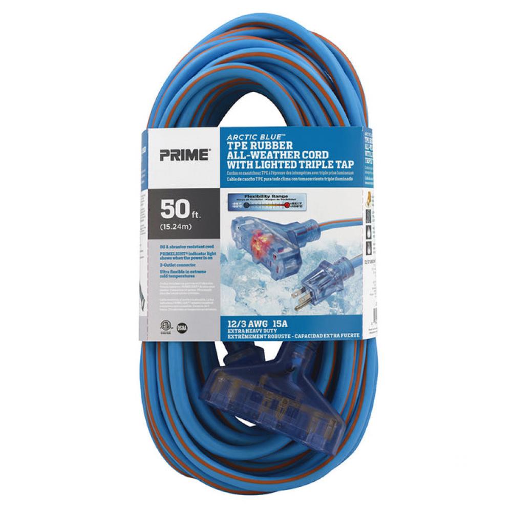 50ft. 12/3 SJEOW Blue/Orange Arctic Blue All Weather Triple-Tap Cord w/Primelight<span class=' ItemWarning' style='display:block;'>Item is usually in stock, but we&#39;ll be in touch if there&#39;s a problem<br /></span>
