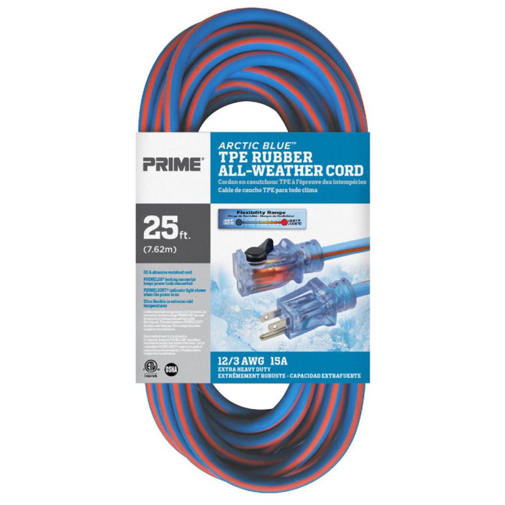 25ft. 12/3 SJEOW Blue/Orange Arctic Blue All Weather Extension Cord w/Primelight<span class=' ItemWarning' style='display:block;'>Item is usually in stock, but we&#39;ll be in touch if there&#39;s a problem<br /></span>