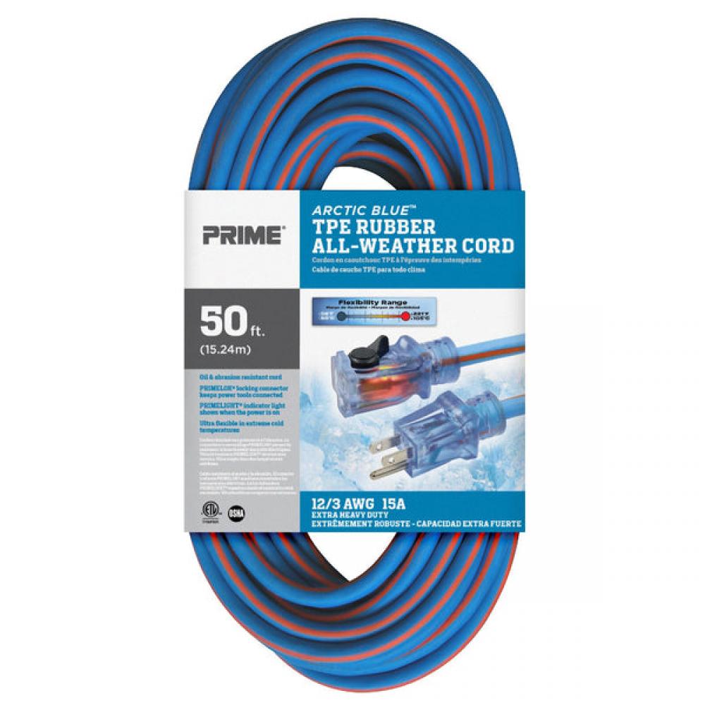 50ft. 12/3 SJEOW Blue/Orange Arctic Blue All Weather Extension Cord w/Primelight<span class=' ItemWarning' style='display:block;'>Item is usually in stock, but we&#39;ll be in touch if there&#39;s a problem<br /></span>